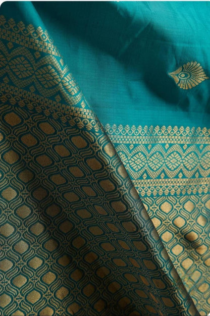Aqua Blue Banarasi Soft Silk Saree with Gold & Silver Zari Weaving Border