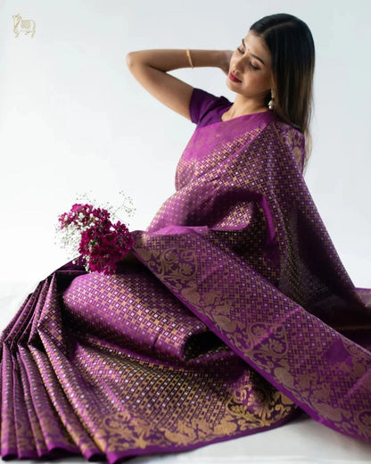 Royal Purple Banarasi Soft Silk Saree with Copper MX Zari Weaving