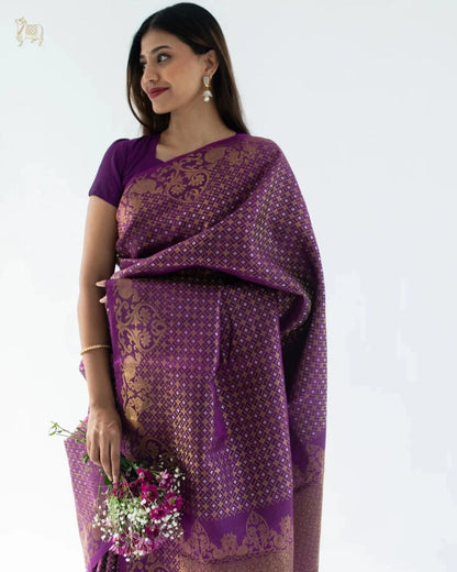 Royal Purple Banarasi Soft Silk Saree with Copper MX Zari Weaving