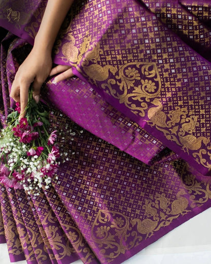 Royal Purple Banarasi Soft Silk Saree with Copper MX Zari Weaving