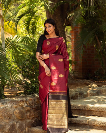 Maroon Banarasi Soft Silk Saree with Golden Zari Butta Work