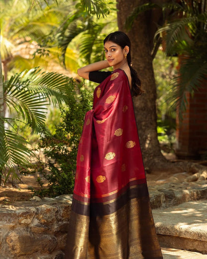 Maroon Banarasi Soft Silk Saree with Golden Zari Butta Work