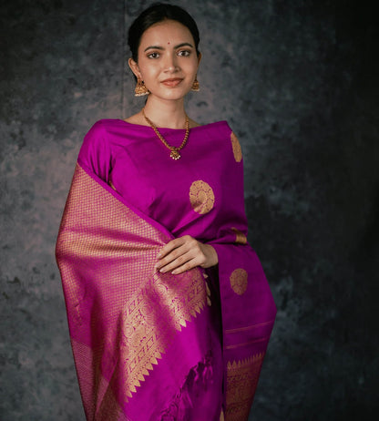 Royal Magenta Banarasi Soft Silk Saree with Golden Zari Weaving