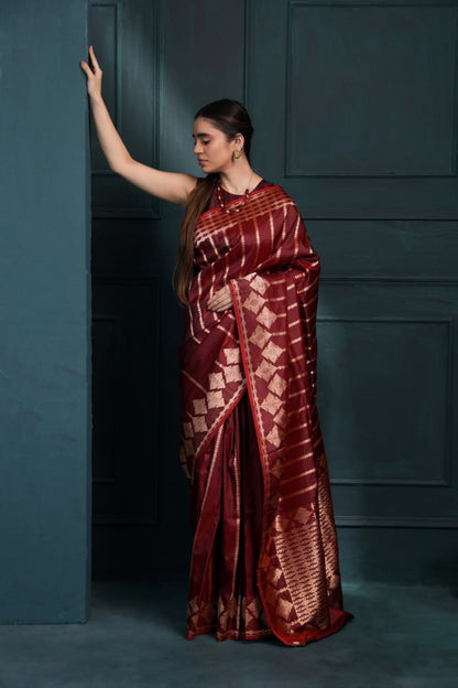 Maroon Banarasi Soft Silk Saree with Rich Zari Weaving & Traditional Geometric Design