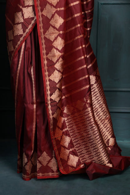 Maroon Banarasi Soft Silk Saree with Rich Zari Weaving & Traditional Geometric Design