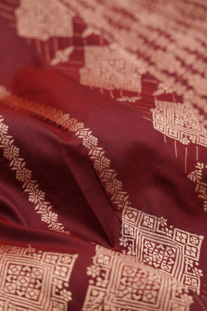 Maroon Banarasi Soft Silk Saree with Rich Zari Weaving & Traditional Geometric Design