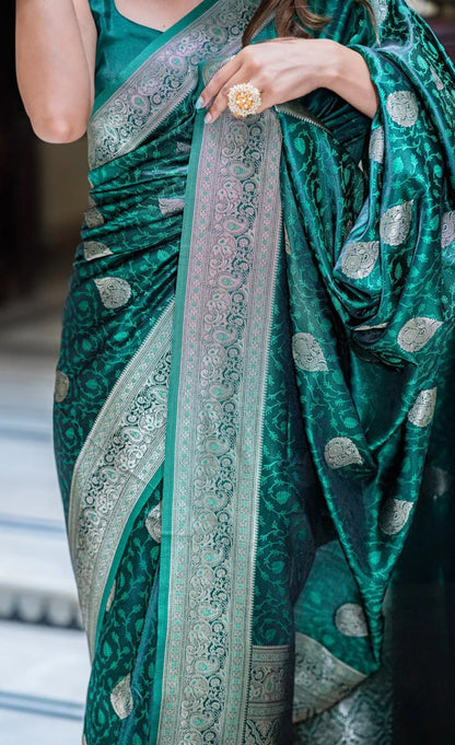 Elegant Banarasi Soft Silk Saree Collection with Gold & Silver Zari Weaving – Royal Green, Teal Blue & Maroon Shades