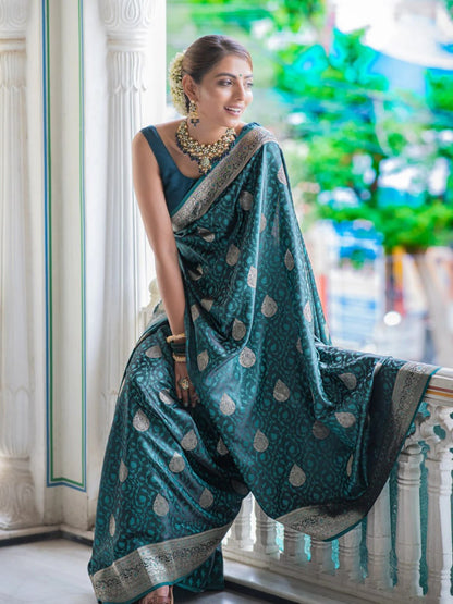 Elegant Banarasi Soft Silk Saree Collection with Gold & Silver Zari Weaving – Royal Green, Teal Blue & Maroon Shades