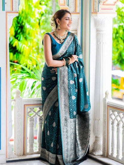 Elegant Banarasi Soft Silk Saree Collection with Gold & Silver Zari Weaving – Royal Green, Teal Blue & Maroon Shades