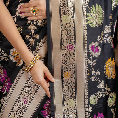 Black Banarasi Soft Silk Saree with Multicolor Floral Zari Weaving and Rich Silver Border