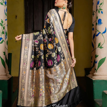 Black Banarasi Soft Silk Saree with Multicolor Floral Zari Weaving and Rich Silver Border