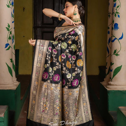 Black Banarasi Soft Silk Saree with Multicolor Floral Zari Weaving and Rich Silver Border