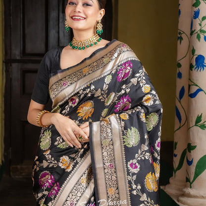 Black Banarasi Soft Silk Saree with Multicolor Floral Zari Weaving and Rich Silver Border