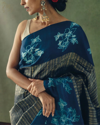 Navy Blue Banarasi Soft Silk Saree with Floral Hand Zari Weaving and Rich Border