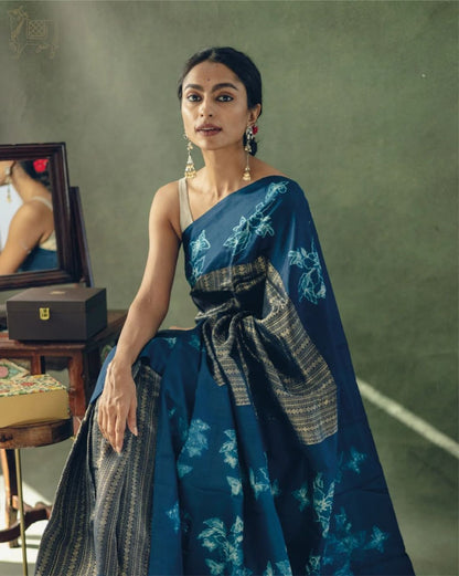 Navy Blue Banarasi Soft Silk Saree with Floral Hand Zari Weaving and Rich Border