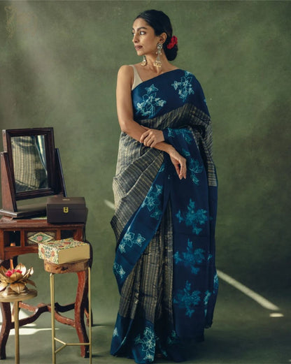 Navy Blue Banarasi Soft Silk Saree with Floral Hand Zari Weaving and Rich Border