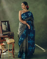 Navy Blue Banarasi Soft Silk Saree with Floral Hand Zari Weaving and Rich Border