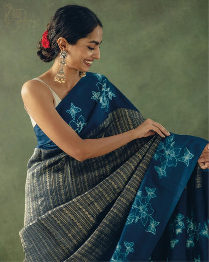 Navy Blue Banarasi Soft Silk Saree with Floral Hand Zari Weaving and Rich Border