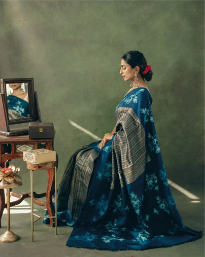Navy Blue Banarasi Soft Silk Saree with Floral Hand Zari Weaving and Rich Border