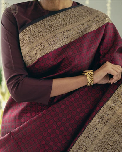 Maroon Banarasi Soft Silk Saree with Antique Gold Zari Weaving and Rich Pallu