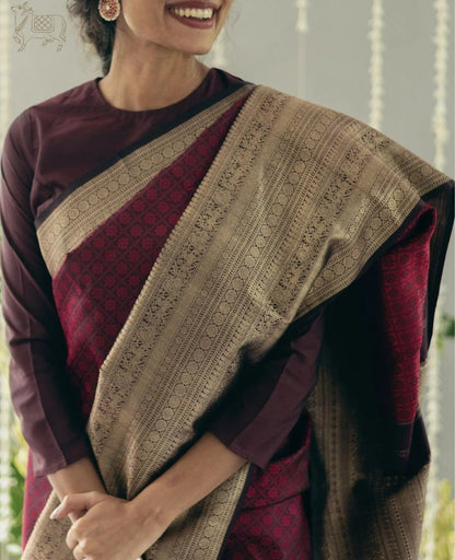 Maroon Banarasi Soft Silk Saree with Antique Gold Zari Weaving and Rich Pallu