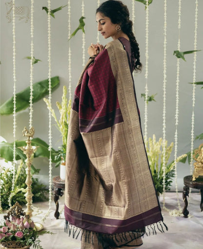 Maroon Banarasi Soft Silk Saree with Antique Gold Zari Weaving and Rich Pallu