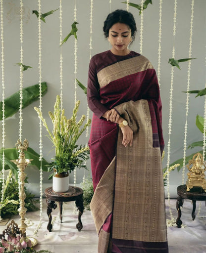 Maroon Banarasi Soft Silk Saree with Antique Gold Zari Weaving and Rich Pallu