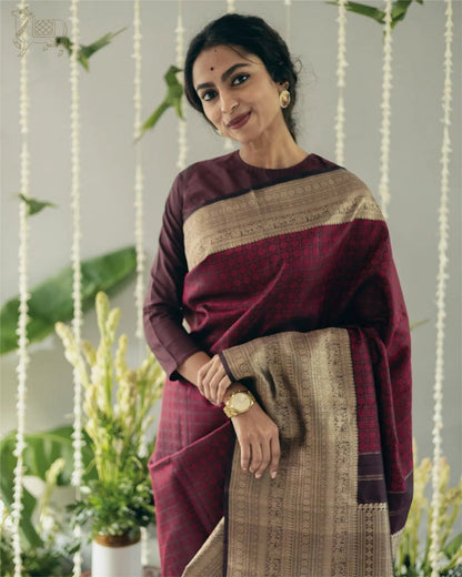 Maroon Banarasi Soft Silk Saree with Antique Gold Zari Weaving and Rich Pallu