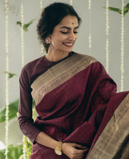 Maroon Banarasi Soft Silk Saree with Antique Gold Zari Weaving and Rich Pallu