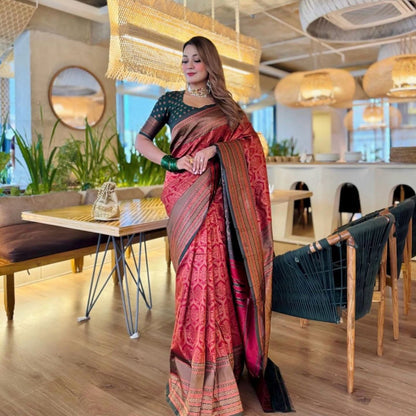 Royal Red Banarasi Soft Silk Saree with Antique Zari Weaving and Contrast Green Blouse