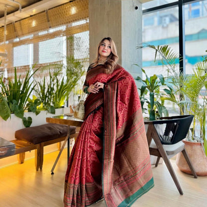 Royal Red Banarasi Soft Silk Saree with Antique Zari Weaving and Contrast Green Blouse