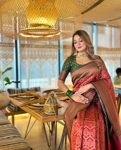 Royal Red Banarasi Soft Silk Saree with Antique Zari Weaving and Contrast Green Blouse