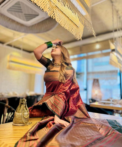 Royal Red Banarasi Soft Silk Saree with Antique Zari Weaving and Contrast Green Blouse