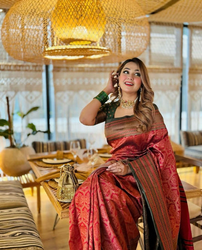Royal Red Banarasi Soft Silk Saree with Antique Zari Weaving and Contrast Green Blouse