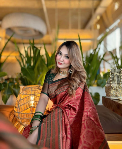 Royal Red Banarasi Soft Silk Saree with Antique Zari Weaving and Contrast Green Blouse