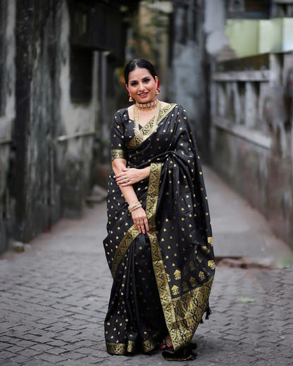 Classic Black & Gold Banarasi Soft Silk Saree with Traditional Zari Weaving