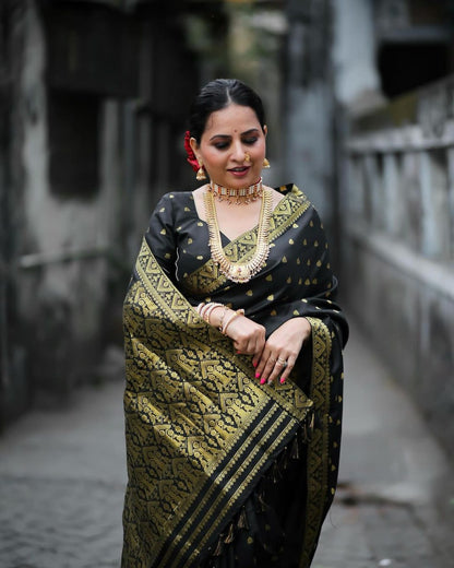 Classic Black & Gold Banarasi Soft Silk Saree with Traditional Zari Weaving
