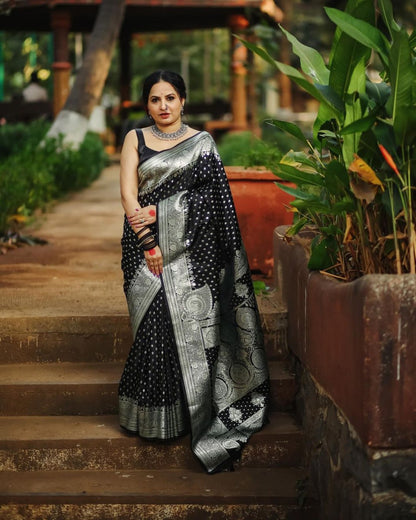 Midnight Radiance Black Banarasi Soft Silk Saree with Silver Zari Elegance