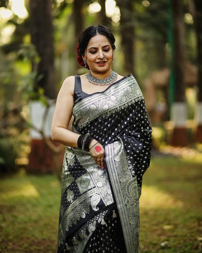 Midnight Radiance Black Banarasi Soft Silk Saree with Silver Zari Elegance