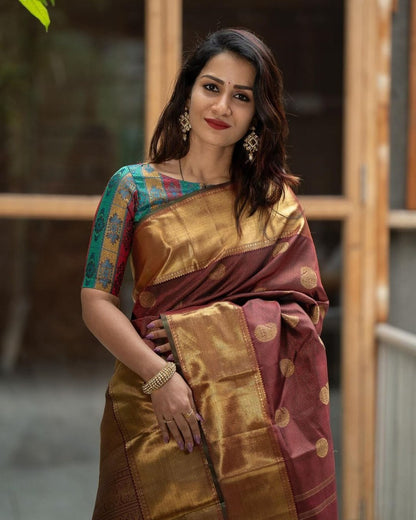 Maroon Majesty Banarasi Soft Silk Saree with Golden Zari Weaving