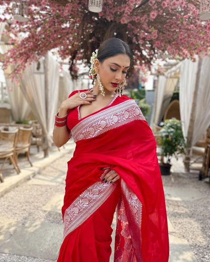 Ruby Radiance Banarasi Soft Silk Saree with Silver Zari Brocade Weaving