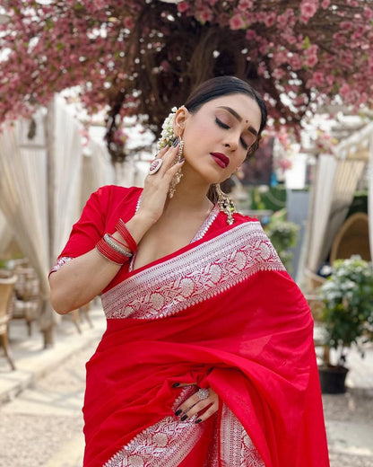 Ruby Radiance Banarasi Soft Silk Saree with Silver Zari Brocade Weaving
