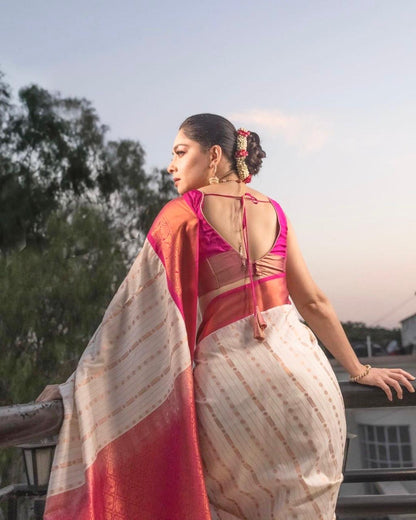 Ivory & Rani Pink Kanjivaram Silk Saree with Zari Weaving and Contrast Border