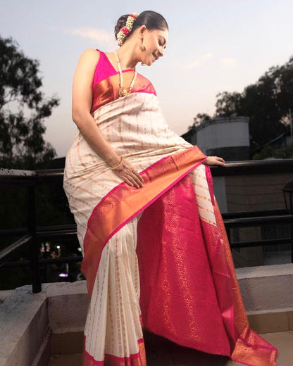 Ivory & Rani Pink Kanjivaram Silk Saree with Zari Weaving and Contrast Border
