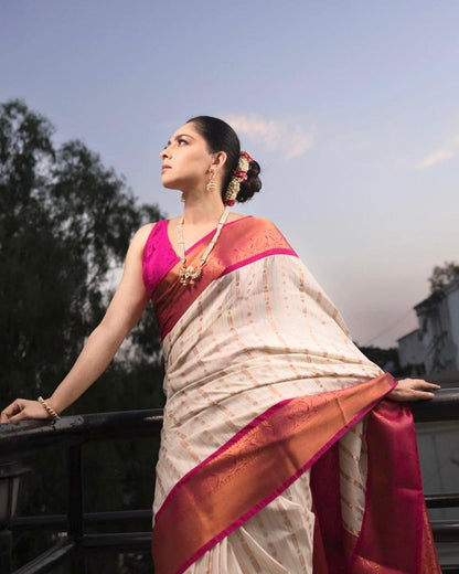 Ivory & Rani Pink Kanjivaram Silk Saree with Zari Weaving and Contrast Border