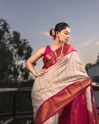 Ivory & Rani Pink Kanjivaram Silk Saree with Zari Weaving and Contrast Border