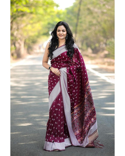 Elegant Satin Silk Saree with Geometric Pallu & Butta Print