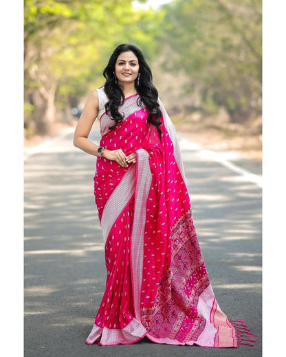 Elegant Satin Silk Saree with Geometric Pallu & Butta Print