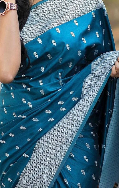 Elegant Satin Silk Saree with Geometric Pallu & Butta Print