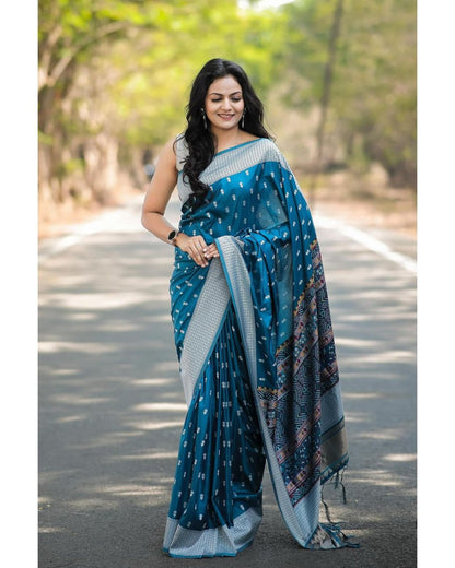 Elegant Satin Silk Saree with Geometric Pallu & Butta Print